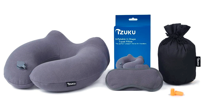 Las almohadas de viaje IZUKU también traen un antifaz y tapones para los oídos